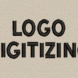 May include: Close-up of embroidered text on a beige fabric. The words "LOGO DIGITIZING" are stitched in black thread. The fabric has a subtle diagonal weave pattern.