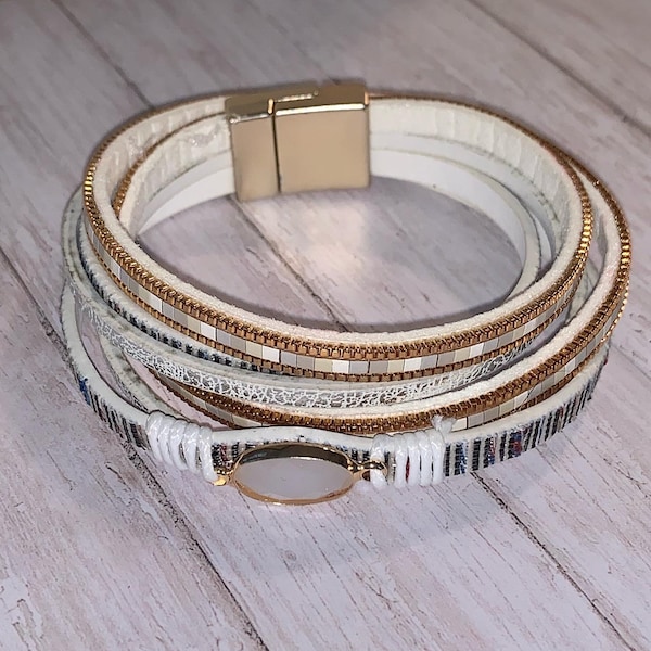 White Faux Leather + Druzy  / Multi-Strand Wrap / Magnetic Closure Braided Bracelet / Perfect to dress up any outfit!