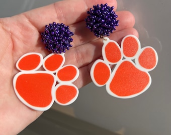 Tiger Paw Earrings / Light Weight / Gifts For Her / Patterned Statement Jewelry / Clemson Earrings / Game Day
