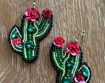 Beaded Cactus Earrings | Lightweight Statement Earrings | Gold-Tone Jewelry | Western Style Earrings | Gift for Her