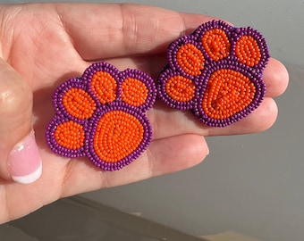 Tiger Paw Earrings / Light Weight / Gifts For Her / Patterned Statement Jewelry / Clemson Earrings / Game Day / Seed Bead