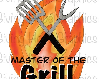 May include: A black and white illustration of a spatula and a grilling fork crossed over each other in front of a red and orange flame. The text "Master of the Grill" is below the crossed utensils.