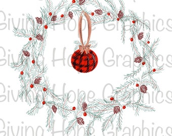 Pine Christmas wreath, Christmas design, Buffalo plaid ornament, png, sublimation, DTG, clip art, digital scrapbooking, hand drawn