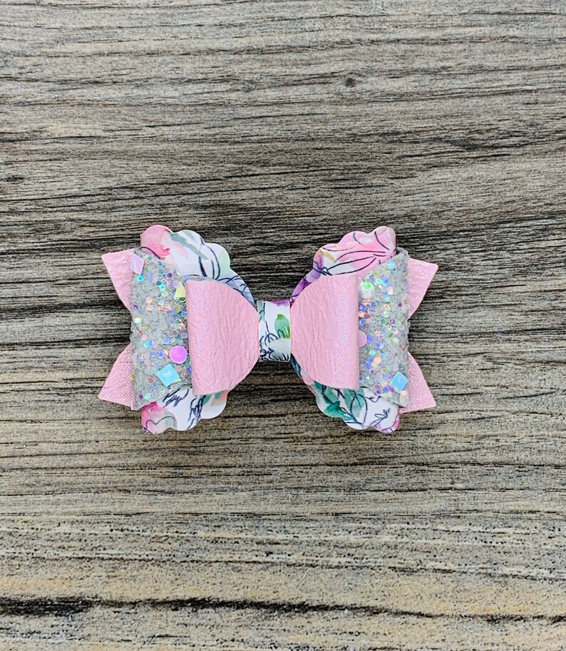 Spring Mother\u2019s Day Hair Bow Pink Silver Watercolor Floral