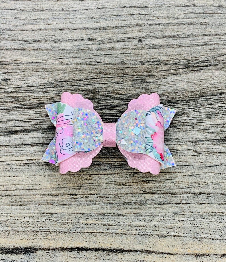 Spring Mother\u2019s Day Hair Bow Pink Silver Watercolor Floral