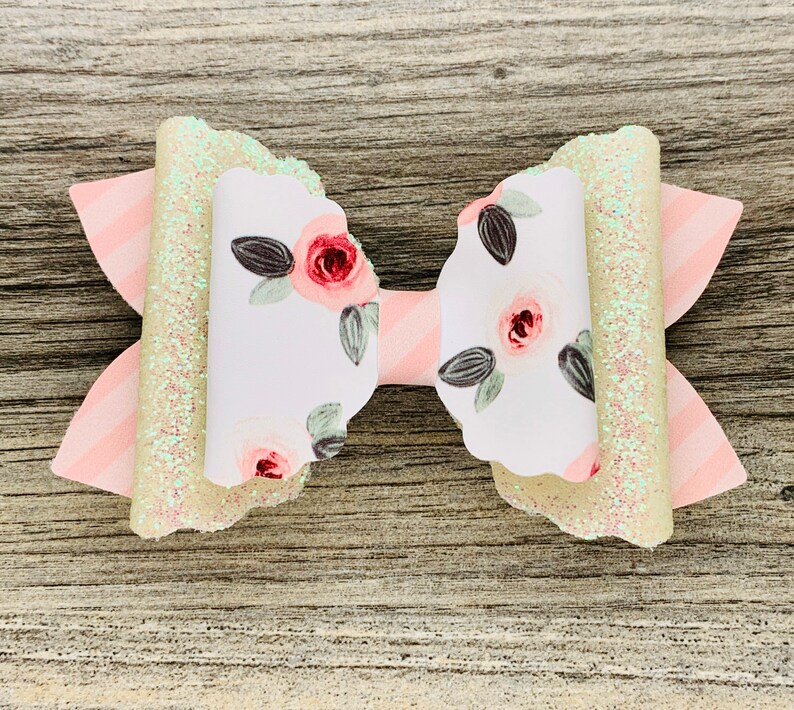 Spring Mother\u2019s Day Floral Hair Bow Pink rose with pink stripes