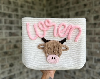 Highland Cow Basket | Personalized Name Basket | Custom Gift Basket | Baby Shower Gift | Toy Storage
