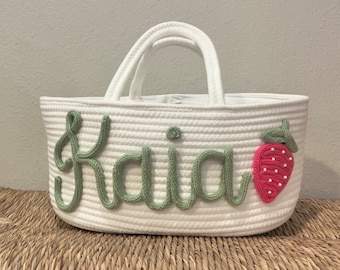 Personalized Diaper Caddy | Custom Baby Shower Gift Basket | Knitted Name Rope Basket | Customized Tote