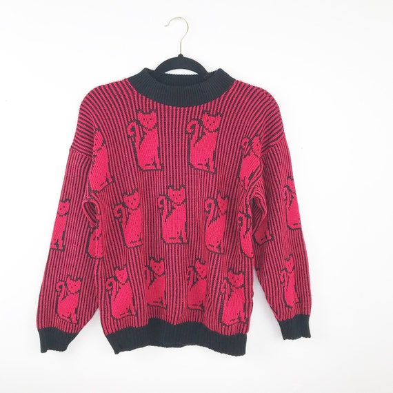 Vintage 1980’s cat printed sweater red & black str