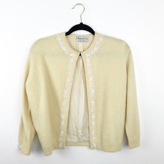 1950’s beaded pale yellow cardigan Angora blend