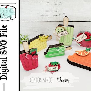 Estantería decorativa con paletas de frutas, archivo SVG láser