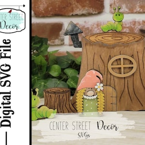 Girl Gnome with Stump Home SVG File Tiered Tray Decor