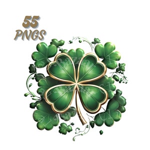 Glückliches irisches Kleeblatt-Clipart-Bundle, vierblättriges Kleeblatt transparente PNGS, 300 DPI, St. Patrick's Day, Sublimation und kommerzielle Nutzung.