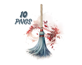 Witch's Broom Halloween Clipart Bundle, Pastel Watercolor Fantasy Witch Broom PNG Graphics, Clipart for Sublimation and Commercial Use.