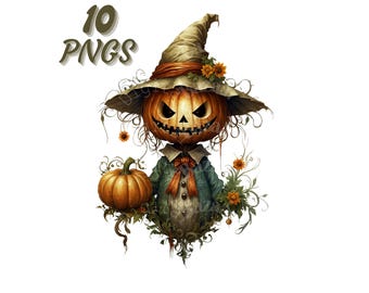 Pumpkin Scarecrow Halloween Clipart Bundle 10 Spooky Creepy Figures. PNG Graphics Digital Art for Junk Journals Sublimation & Commercial Use