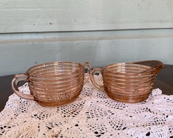 Vintage Anchor Hocking Manhattan Pink Depression Glass Sugar Bowl & Creamer Set, Ribbed Glass, 1930s 1940s Cottagecore Tea Set, Grandmacore