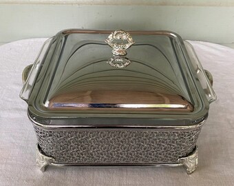 Vintage Fire King Square Casserole Dish with Silver Stand | Mid Century Glass Bakeware