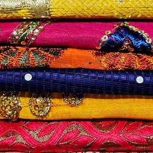 Sari scraps 5X5" Indian fabrics Saree material remnants 15 pieces,Craft Junk Journal Boho Textiles Glam Bling Artwork Scrapbook, Artwork