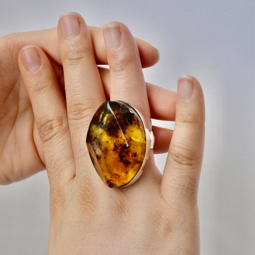 Large Amber ring diamond shape bold/ Handmade Amber Ring handmade sterling shops silver 925 massive