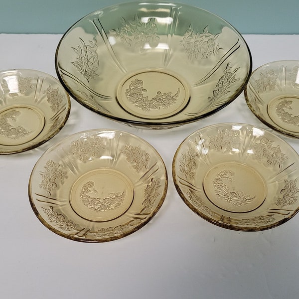 Federal Glass Sharon Cabbage Rose yellow amber depression glass Serving bowl and fruit bowl set