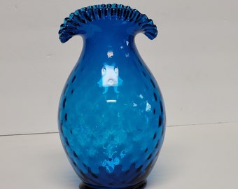 Royal Blue Vase Ruffle Edge Reverse Diamond Patterned Glass Vase Blown Vintage