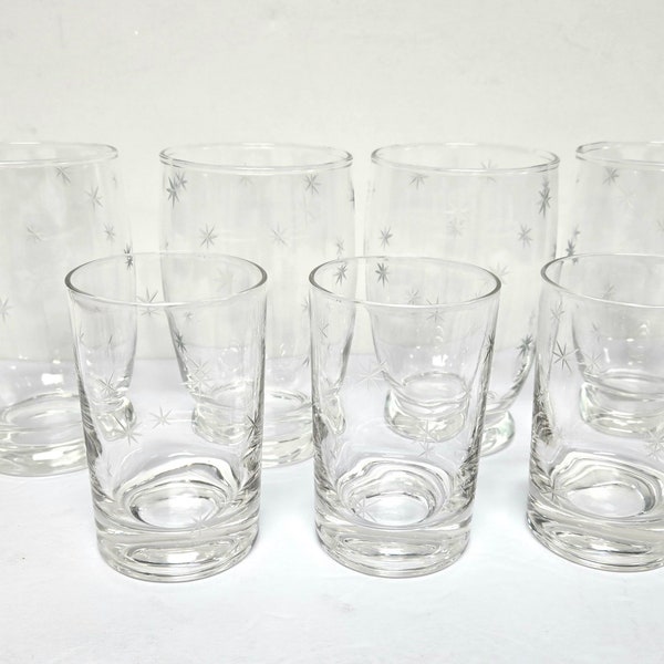 Vintage Atomic Starburst Glasses Set of 7 Mid-century Etched Glass Tumblers