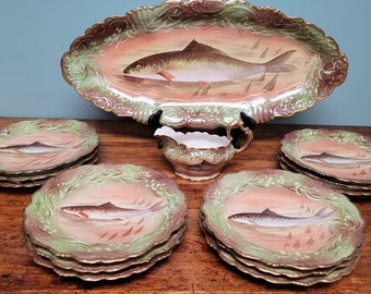 Limoges France c.1891 Lewis Straus and Sons (L.S. & S.) signed Léon - Hand-Painted Oval Fish Platter w/ Sauce Boat and 12 Dinner Plates