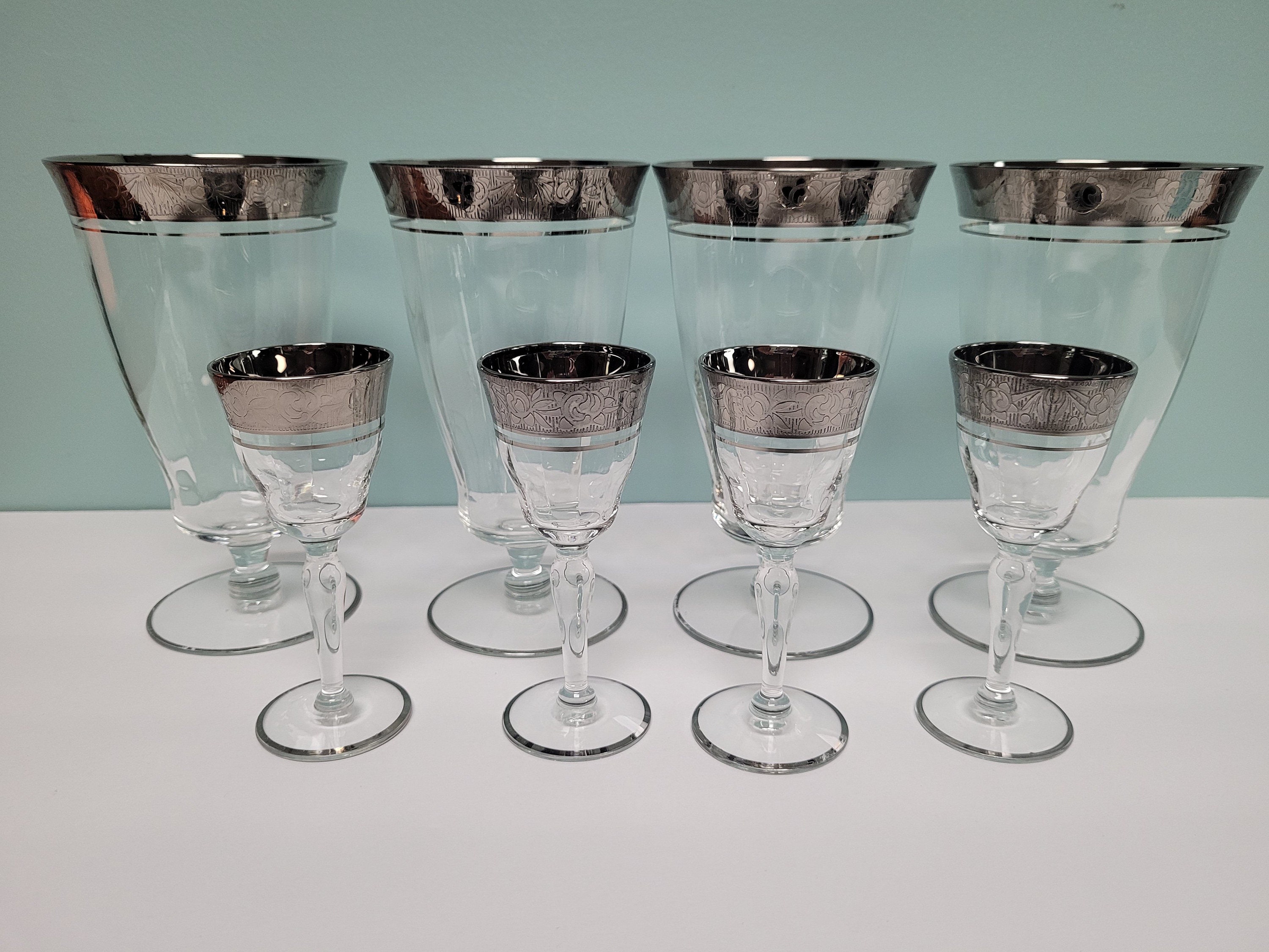 4 Vintage Platinum Rim Crystal Port Wine Cordial Glasses