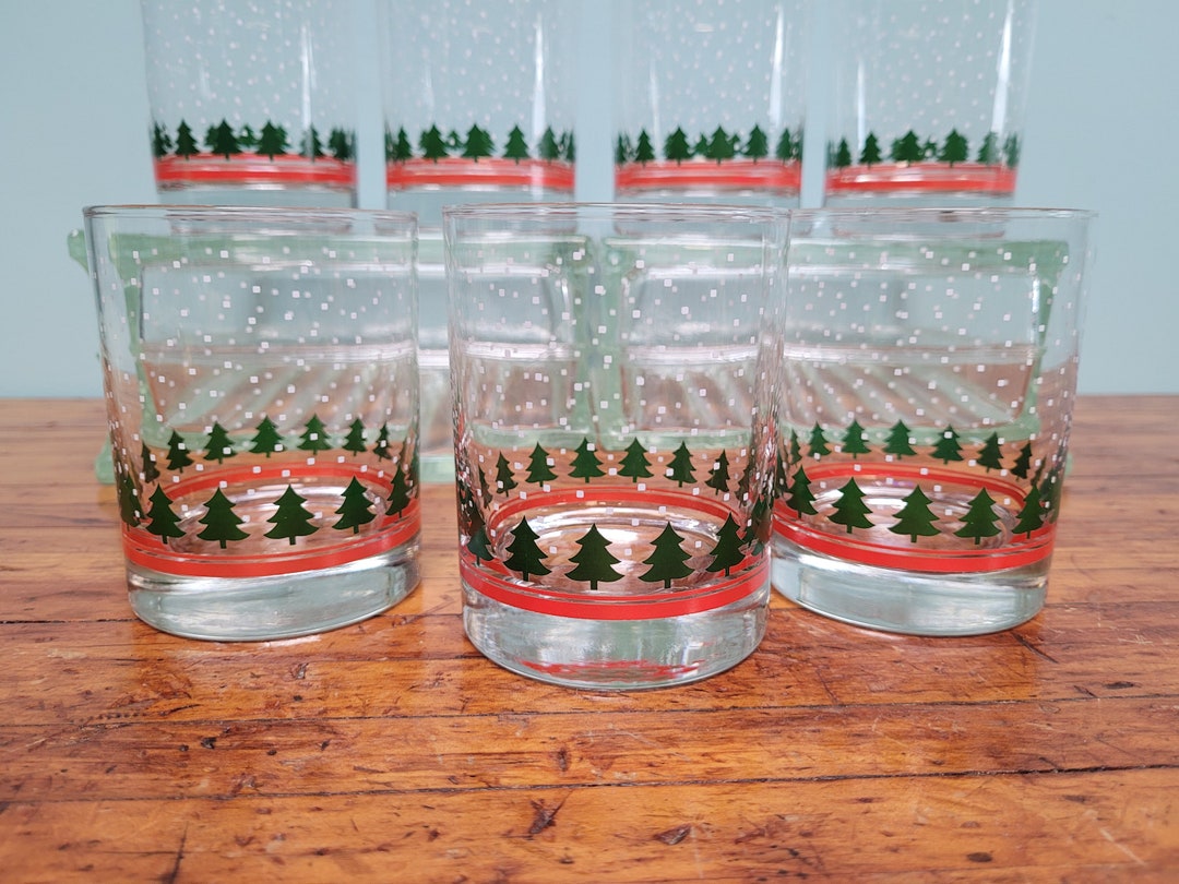 Vintage Christmas Tree Glasses Libby Rocks Glass Flat Tumbler Winter Wonderland Holiday Set of 7