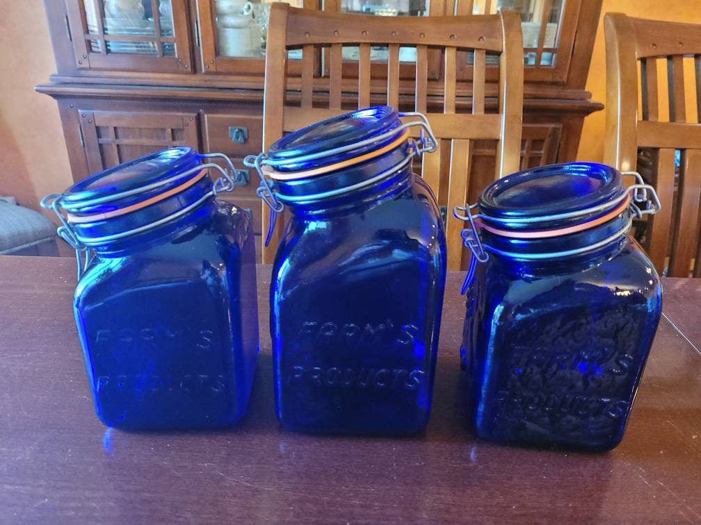Cobalt Blue Glass Lidded Mason Jars Produits De Campagne Farm - Etsy