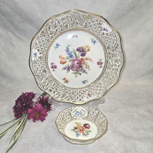 Schumann Dresden Pierced Plate and Dish Porcelain with Floral Chateau Pattern and Gold Accents Vintage