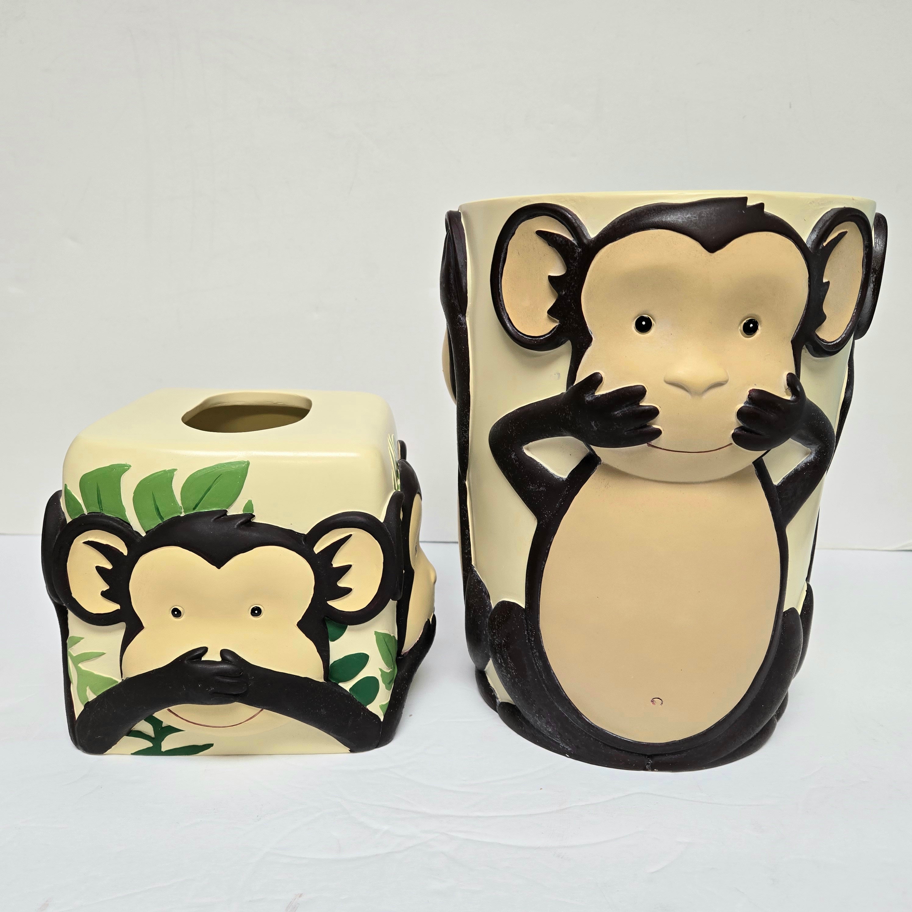 Vintage Monkey Wastebasket and Tissue Holder Set: Hear, See