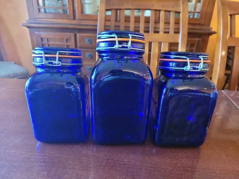 Cobalt Blue Glass Lidded Mason Jars Produits De Campagne Farm - Etsy