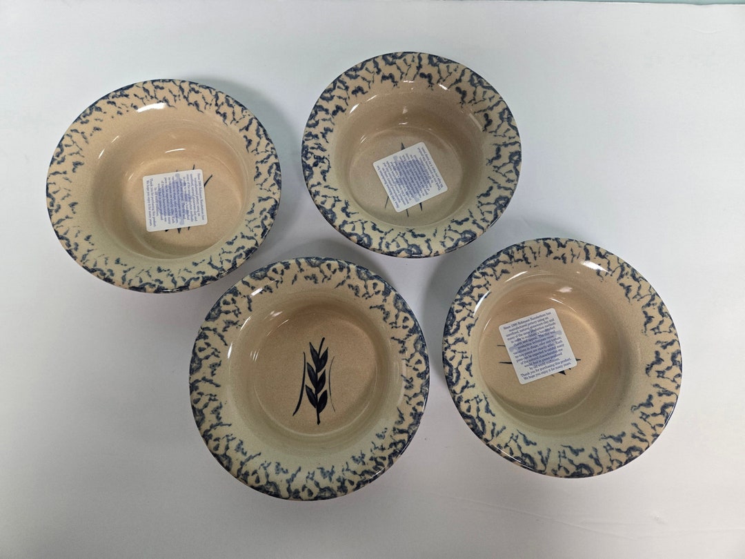 Roseville Pottery Blue Spongeware Wheat Pattern Bowls Set of 4 Flared