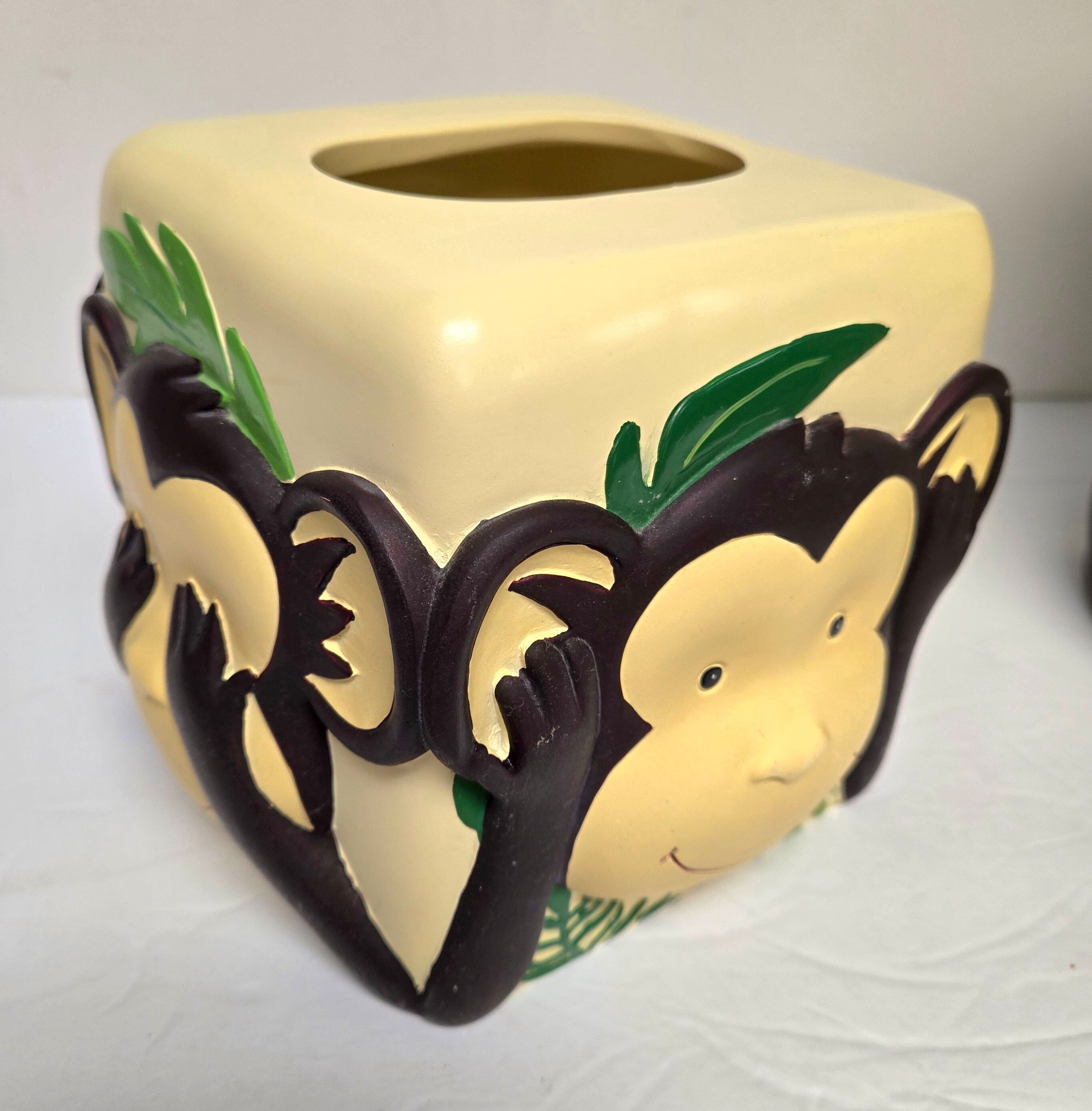 Vintage Monkey Wastebasket and Tissue Holder Set: Hear, See, Speak