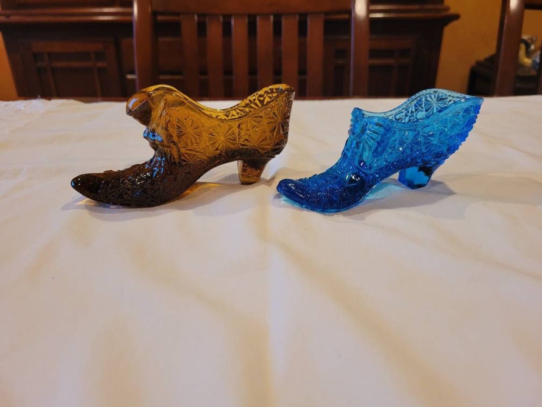 Fenton Glass Shoes Vintage Cobalt Blue With Bow and Amber Etsy