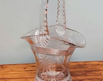 vintage panier en cristal Duncan Miller avec anse tressée panier Brides en verre gravé 20 cm