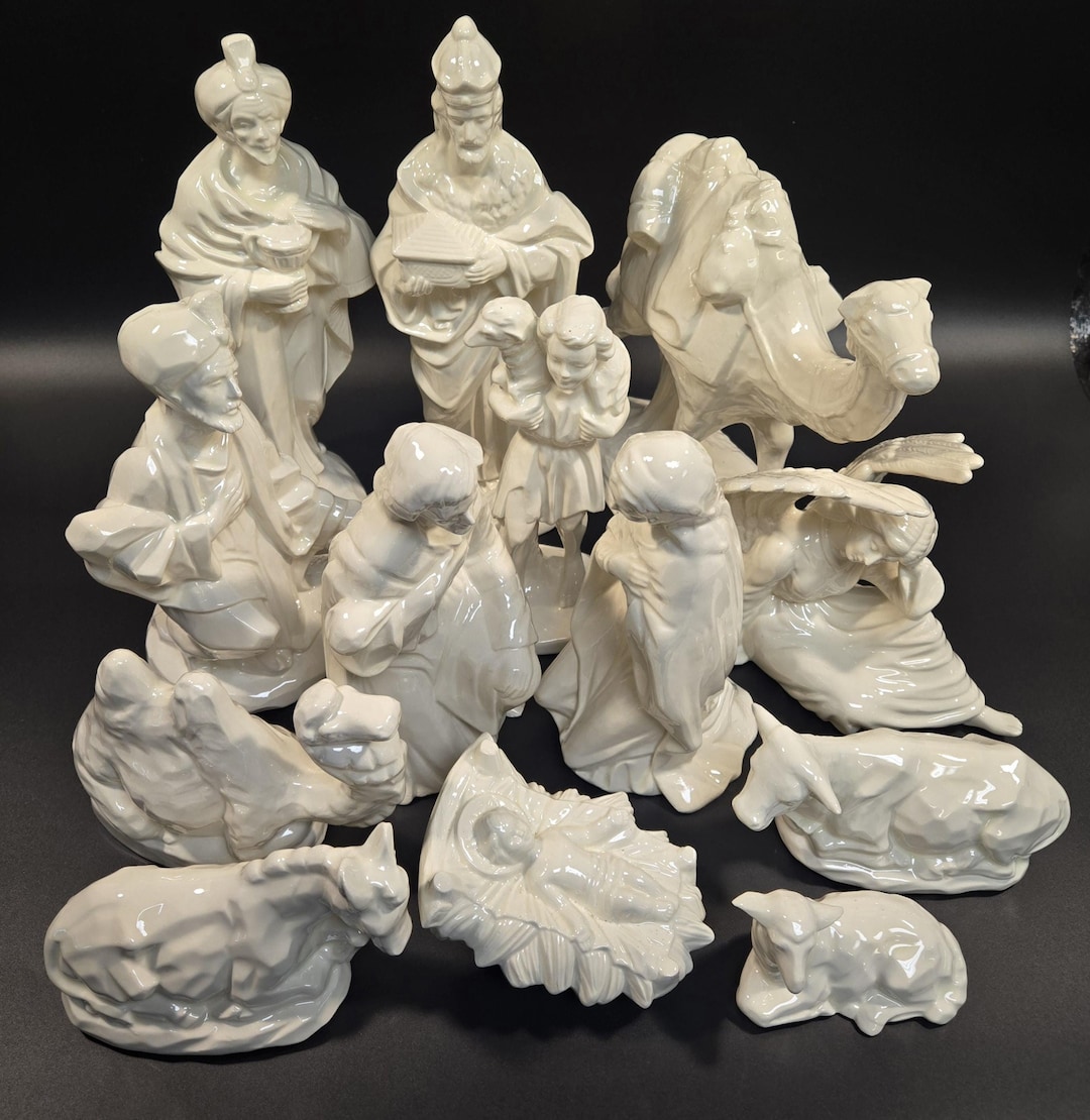 Vintage Nativity Large Ceramic 13 Handmade Piece Set 12 X 26" Scioto