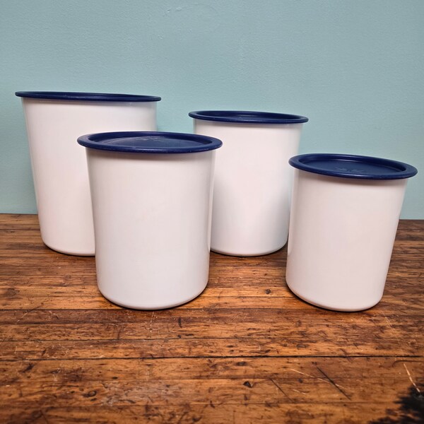 Vintage Tupperware Canister Set One Touch Seal Plastic White Blue Complete Set Nesting 4 Vintage Kitchen Storage Seal Tight Tupperware