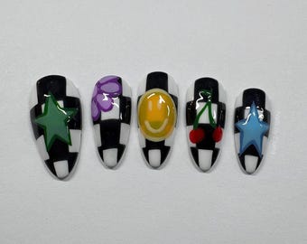 Hand Painted Checkered Press On Nail Set: Custom Gel Faux Acrylic Nails