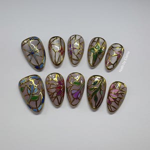 Stained Glass Celestial Stars and Floral Press On Nail Set, Fake Nails, Faux Acrylic Nails, Customized Nails, Hand painted, Gift Nails