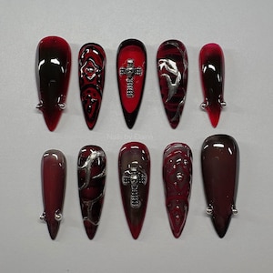 Goth Press On Nails: Handmade Dark Cross Charm False Nail Set