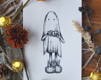 May include: A black and white illustration of a ghost holding a carved pumpkin. The ghost is wearing bunny slippers. The artwork is on a white paper, surrounded by dried flowers, pine cones, and string lights.
