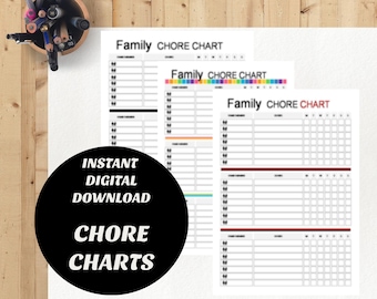 Family Chore Chart: Track Daily Chores For Kids & Adults, 3 - 8.5x11 Printables Included - Color, Black and  Red - Instant Digital Download