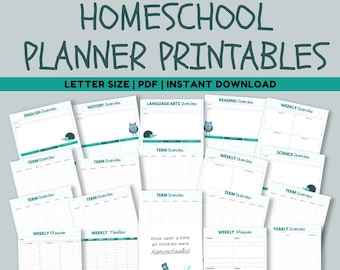 May include: A set of printable homeschool planner pages featuring a blue and green owl and hedgehog design. The pages include sections for weekly, term, and yearly overviews, as well as a weekly planner and timeline. The text "Once upon a time all children were homeschooled" is featured on one of the pages.
