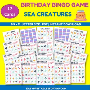 Compleanno Bingo stampabile, Compleanno Bingo Card, Bingo di compleanno per bambini, Bingo di creature marine, Scheda di Bingo di compleanno, Festa di compleanno di Bingo