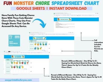 Fun Monster Kids Chore Chart Spreadsheet, Google Sheets To Do List, Kids Chore Chart Template, Chore Tracker, Chore Chart For Adults