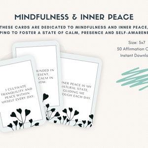 Cartes d'affirmation de pleine conscience et paix intérieure - paquet de 50 cartes, imprimables 5 x 7, téléchargement immédiat, PDF et JPG, minimaliste, cartes d'adaptation à l'anxiété