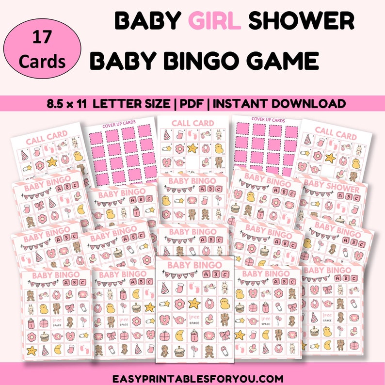 Baby Girl Bingo: 17 Pink Baby Shower Game Cards (PDF) - Etsy