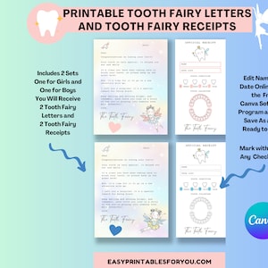 Bearbeitbarer Zahnfeebrief, Zahnfeequittung bedruckbar, sofortiger Download, PDF- und Canva-Vorlage bearbeitbar, Zertifikat für den ersten verlorenen Zahn